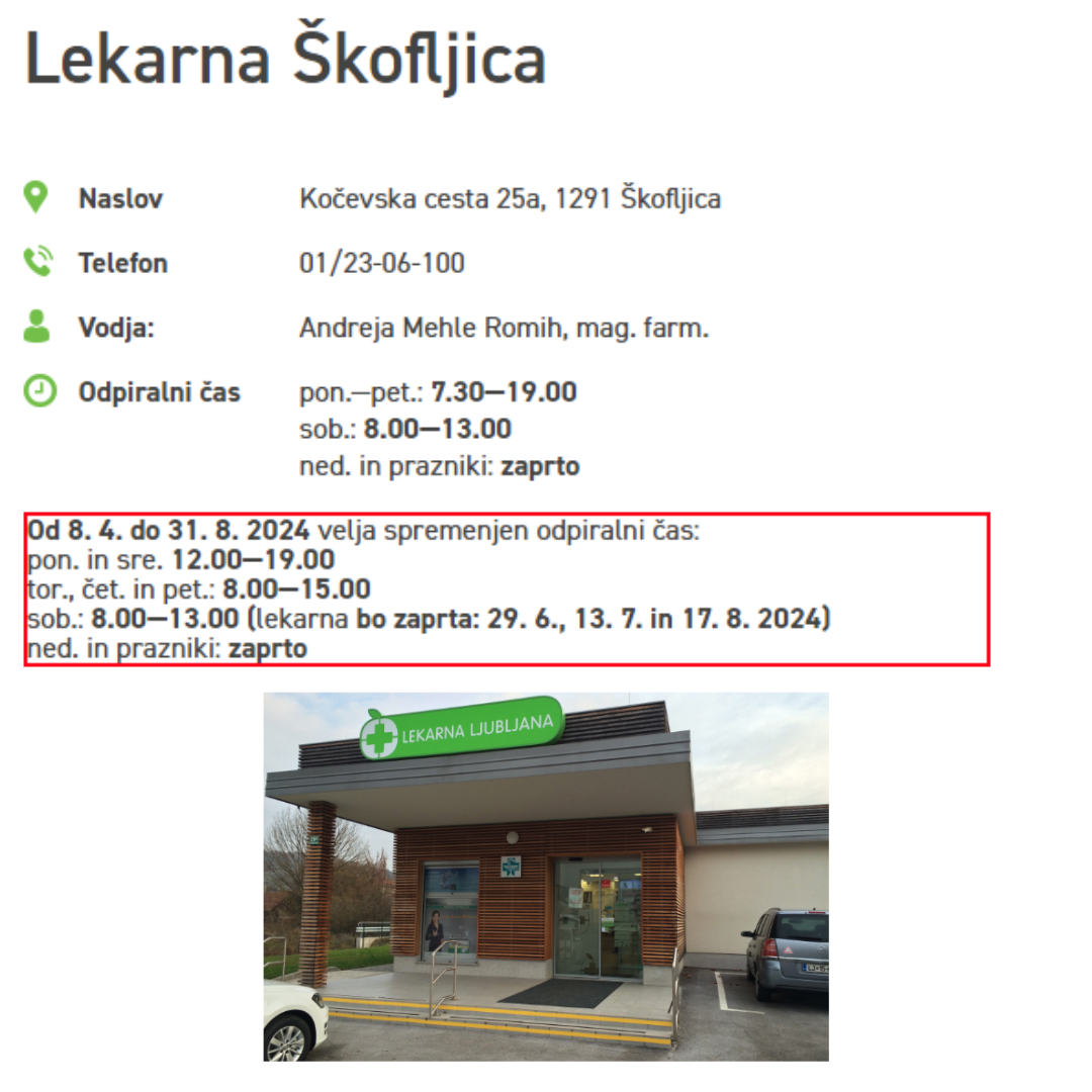 Lekarna Škofljica ima nov delovni čas